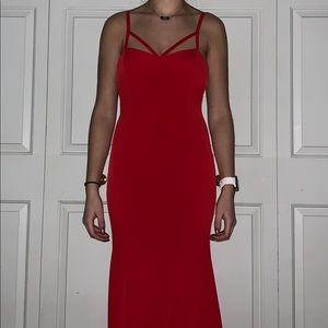Bright red, strappy prom gown